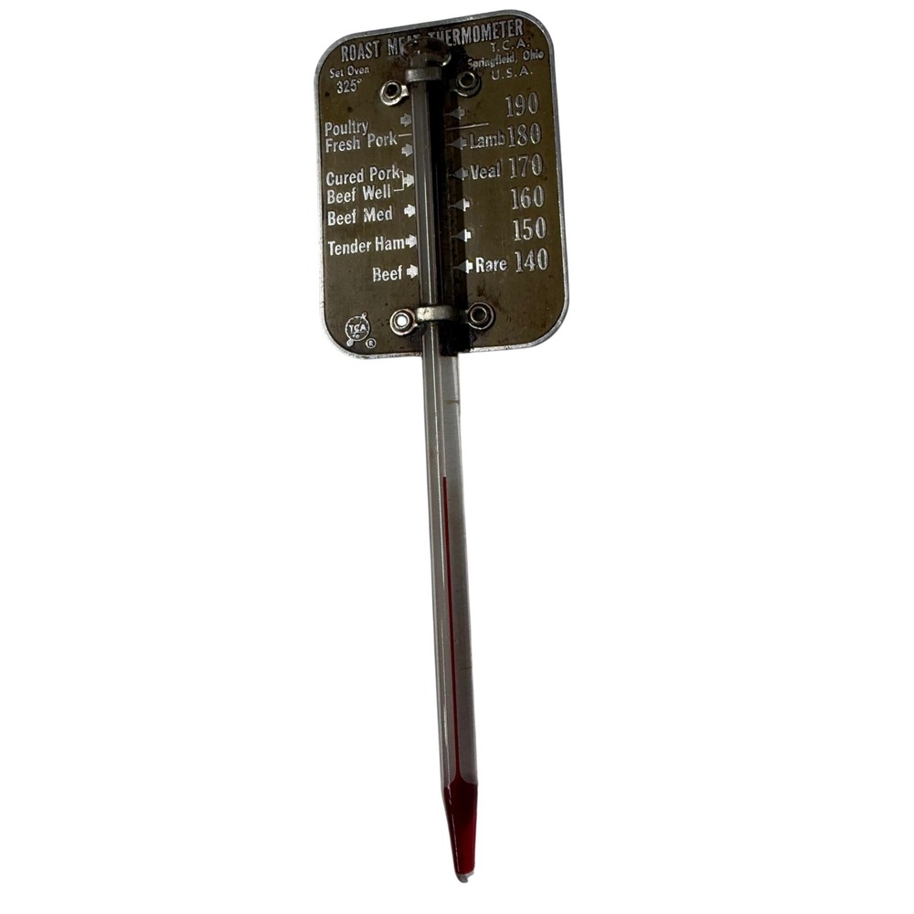 Vintage T.C.A. Roast Meat Thermometer Springfield Ohio USA Analog Glass Metal 6"